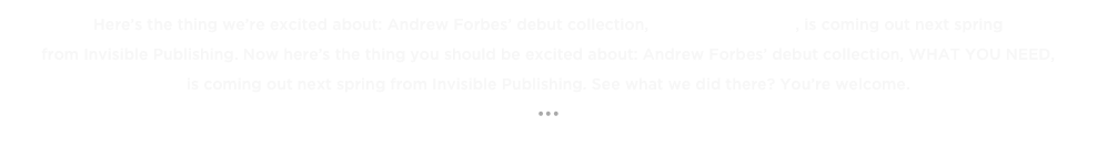 Here’s the thing we’re excited about: Andrew Forbes’ debut collection, WHAT YOU NEED, is coming out next spring 
from Invisible Publishing. Now here’s the thing you should be excited about: Andrew Forbes’ debut collection, WHAT YOU NEED, 
is coming out next spring from Invisible Publishing. See what we did there? You’re welcome.
•••
« BACK TO THE TOP TENS 