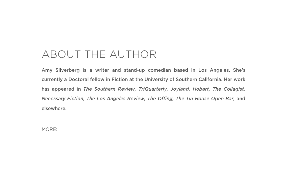 ABOUT THE AUTHOR
Amy Silverberg is a writer and stand-up comedian based in Los Angeles. She’s currently a Doctoral fellow in Fiction at the University of Southern California. Her work has appeared in The Southern Review, TriQuarterly, Joyland, Hobart, The Collagist, Necessary Fiction, The Los Angeles Review, The Offing, The Tin House Open Bar, and elsewhere.

MORE: Twitter 