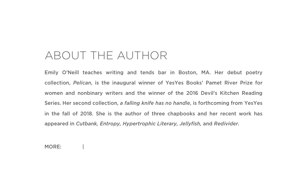 ABOUT THE AUTHOR
Emily O’Neill teaches writing and tends bar in Boston, MA. Her debut poetry collection, Pelican, is the inaugural winner of YesYes Books’ Pamet River Prize for women and nonbinary writers and the winner of the 2016 Devil's Kitchen Reading Series. Her second collection, a falling knife has no handle, is forthcoming from YesYes in the fall of 2018. She is the author of three chapbooks and her recent work has appeared in Cutbank, Entropy, Hypertrophic Literary, Jellyfish, and Redivider.
MORE: Twitter | Website