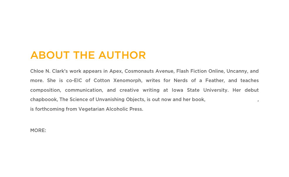 ABOUT THE AUTHOR
Chloe N. Clark’s work appears in Apex, Cosmonauts Avenue, Flash Fiction Online, Uncanny, and more. She is co-EIC of Cotton Xenomorph, writes for Nerds of a Feather, and teaches composition, communication, and creative writing at Iowa State University. Her debut chapboook, The Science of Unvanishing Objects, is out now and her book, Your Strange Fortune, is forthcoming from Vegetarian Alcoholic Press.

MORE: Twitter   