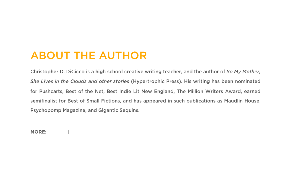 ABOUT THE AUTHOR
Christopher D. DiCicco is a high school creative writing teacher, and the author of So My Mother, She Lives in the Clouds and other stories (Hypertrophic Press). His writing has been nominated for Pushcarts, Best of the Net, Best Indie Lit New England, The Million Writers Award, earned semifinalist for Best of Small Fictions, and has appeared in such publications as Maudlin House, Psychopomp Magazine, and Gigantic Sequins.

MORE: Twitter  | Website