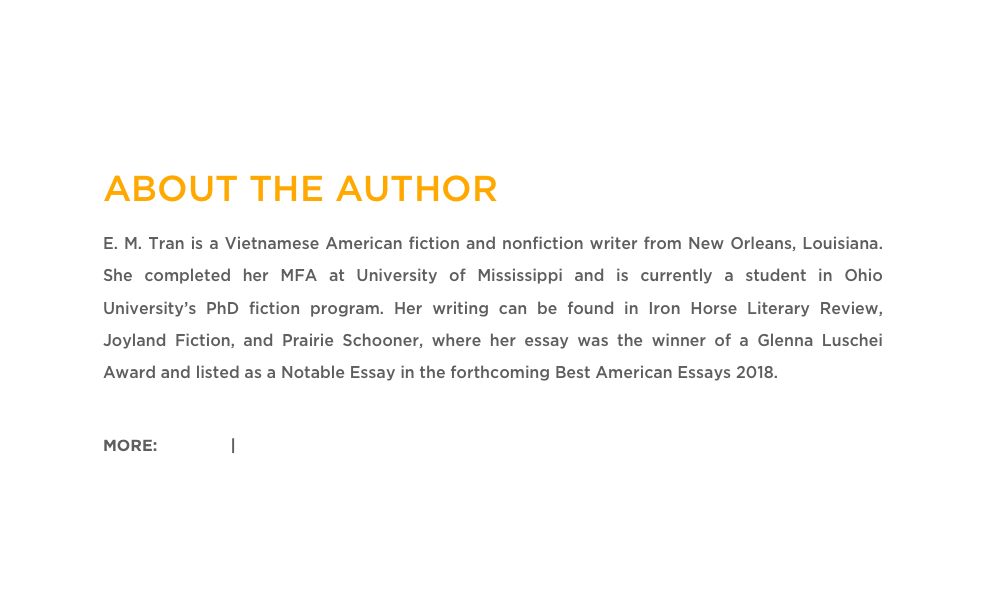 ABOUT THE AUTHOR
E. M. Tran is a Vietnamese American fiction and nonfiction writer from New Orleans, Louisiana. She completed her MFA at University of Mississippi and is currently a student in Ohio University’s PhD fiction program. Her writing can be found in Iron Horse Literary Review, Joyland Fiction, and Prairie Schooner, where her essay was the winner of a Glenna Luschei Award and listed as a Notable Essay in the forthcoming Best American Essays 2018.

MORE: Twitter  | Website