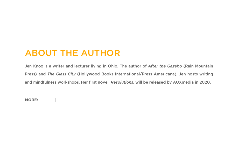 ABOUT THE AUTHOR
Jen Knox is a writer and lecturer living in Ohio. The author of After the Gazebo (Rain Mountain Press) and The Glass City (Hollywood Books International/Press Americana), Jen hosts writing and mindfulness workshops. Her first novel, Resolutions, will be released by AUXmedia in 2020.

MORE: Twitter | Website