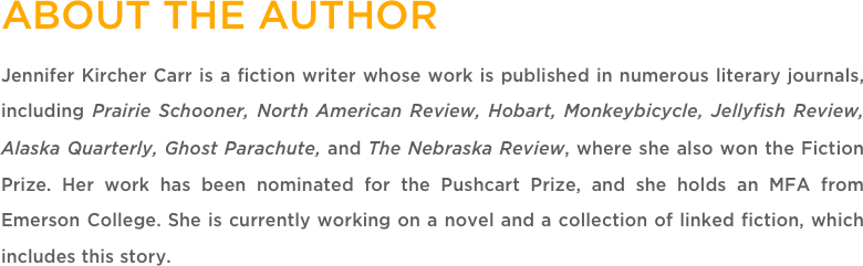 ABOUT THE AUTHOR
Jennifer Kircher Carr is a fiction writer whose work is published in numerous literary journals, including Prairie Schooner, North American Review, Hobart, Monkeybicycle, Jellyfish Review, Alaska Quarterly, Ghost Parachute, and The Nebraska Review, where she also won the Fiction Prize. Her work has been nominated for the Pushcart Prize, and she holds an MFA from Emerson College. She is currently working on a novel and a collection of linked fiction, which includes this story.