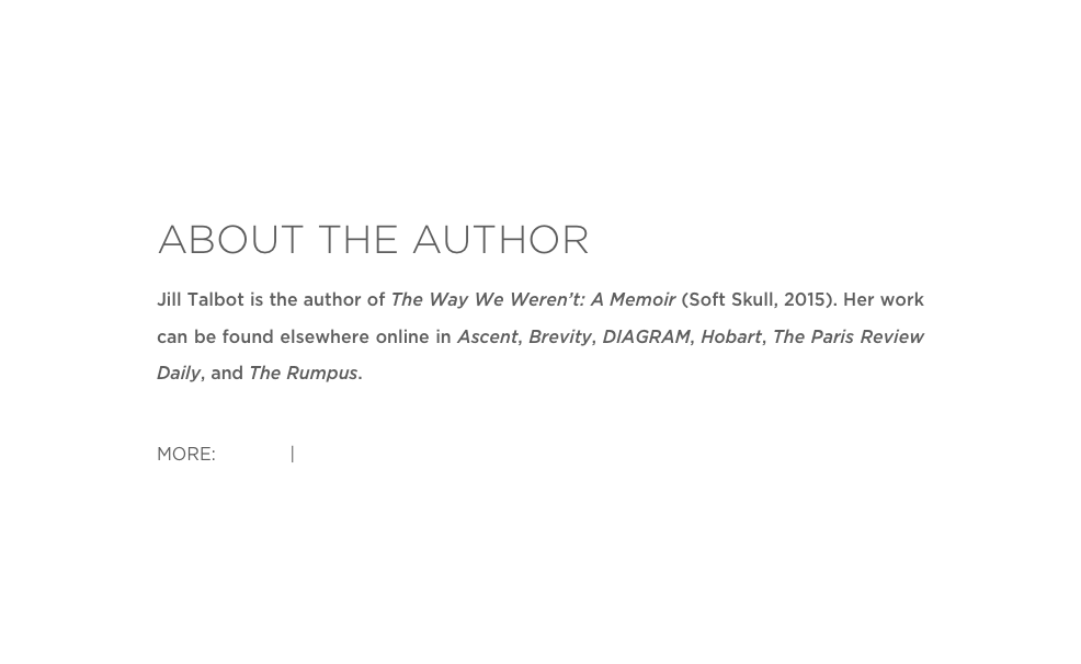 ABOUT THE AUTHOR
Jill Talbot is the author of The Way We Weren’t: A Memoir (Soft Skull, 2015). Her work can be found elsewhere online in Ascent, Brevity, DIAGRAM, Hobart, The Paris Review Daily, and The Rumpus.

MORE: Twitter | Website 