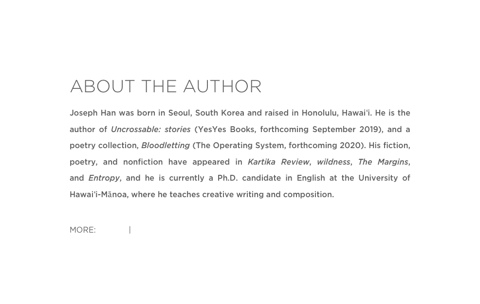 ABOUT THE AUTHOR
Joseph Han was born in Seoul, South Korea and raised in Honolulu, Hawaiʻi. He is the author of Uncrossable: stories (YesYes Books, forthcoming September 2019), and a poetry collection, Bloodletting (The Operating System, forthcoming 2020). His fiction, poetry, and nonfiction have appeared in Kartika Review, wildness, The Margins, and Entropy, and he is currently a Ph.D. candidate in English at the University of Hawaiʻi-Mānoa, where he teaches creative writing and composition. 

MORE: Twitter | Website 