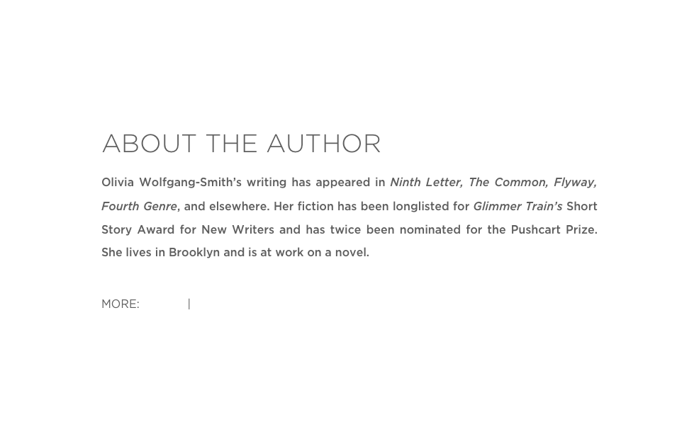 ABOUT THE AUTHOR
Olivia Wolfgang-Smith’s writing has appeared in Ninth Letter, The Common, Flyway, Fourth Genre, and elsewhere. Her fiction has been longlisted for Glimmer Train’s Short Story Award for New Writers and has twice been nominated for the Pushcart Prize. She lives in Brooklyn and is at work on a novel.

MORE: Twitter | Website