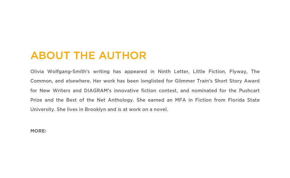 ABOUT THE AUTHOR
Olivia Wolfgang-Smith’s writing has appeared in Ninth Letter, Little Fiction, Flyway, The Common, and elsewhere. Her work has been longlisted for Glimmer Train’s Short Story Award for New Writers and DIAGRAM’s innovative fiction contest, and nominated for the Pushcart Prize and the Best of the Net Anthology. She earned an MFA in Fiction from Florida State University. She lives in Brooklyn and is at work on a novel. 

MORE: Twitter 