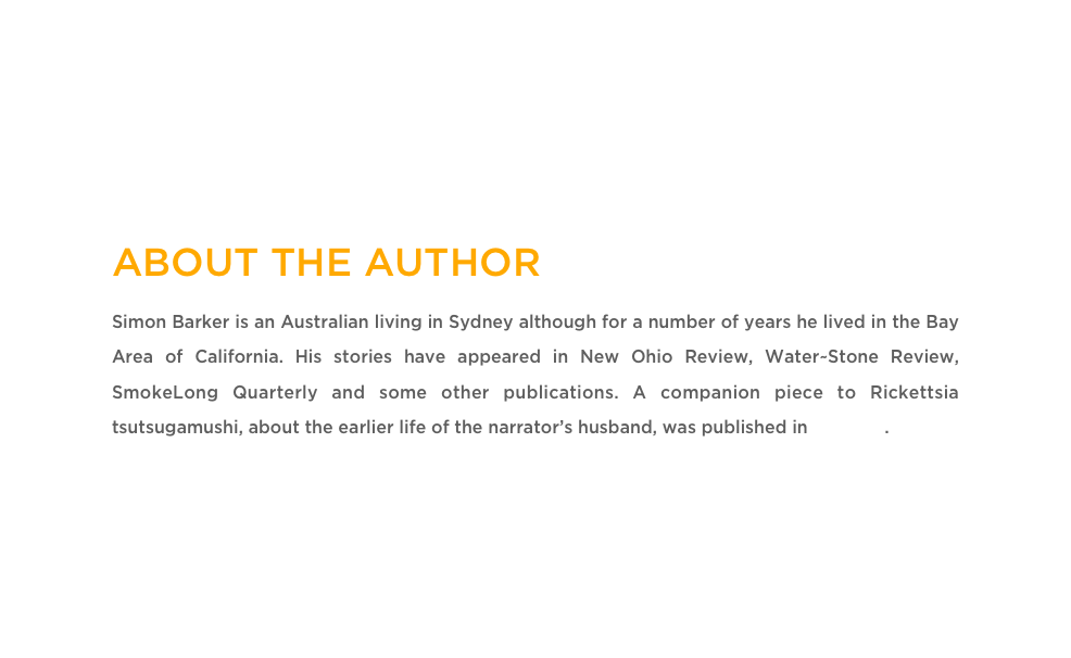 ABOUT THE AUTHOR
Simon Barker is an Australian living in Sydney although for a number of years he lived in the Bay Area of California. His stories have appeared in New Ohio Review, Water~Stone Review, SmokeLong Quarterly and some other publications. A companion piece to Rickettsia tsutsugamushi, about the earlier life of the narrator’s husband, was published in decomP.